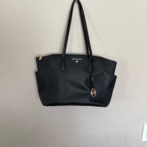 Michael Kors Black Leather Tote with Gold Accent Charm